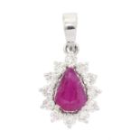 18ct white gold pear cut ruby and round brilliant cut diamond cluster pendant