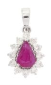 18ct white gold pear cut ruby and round brilliant cut diamond cluster pendant