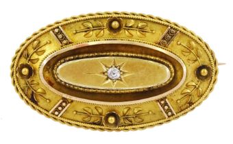 Victorian gold Etruscan revival old cut diamond brooch