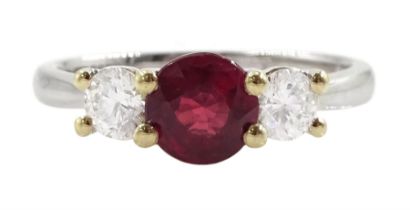 18ct white gold three stone ruby and round brilliant cut diamond ring