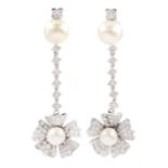 Pair of 18ct white gold cultured pearl and diamond pendant earrings