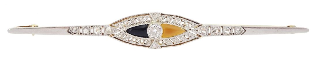 Art Deco 18ct gold and platinum diamond and agate bar brooch