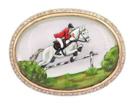 14ct rose gold Essex crystal brooch depicting jockey on horseback