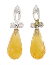 Pair of 18ct white gold briolette citrine and milgrain set diamond pendant stud earrings