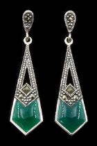 Pair of silver green agate and marcasite pendant stud earrings