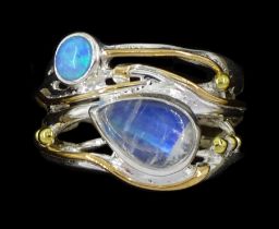 Silver and 14ct gold wire moonstone and opal ring