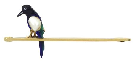 Early 20th century blister pearl and enamel magpie bar brooch