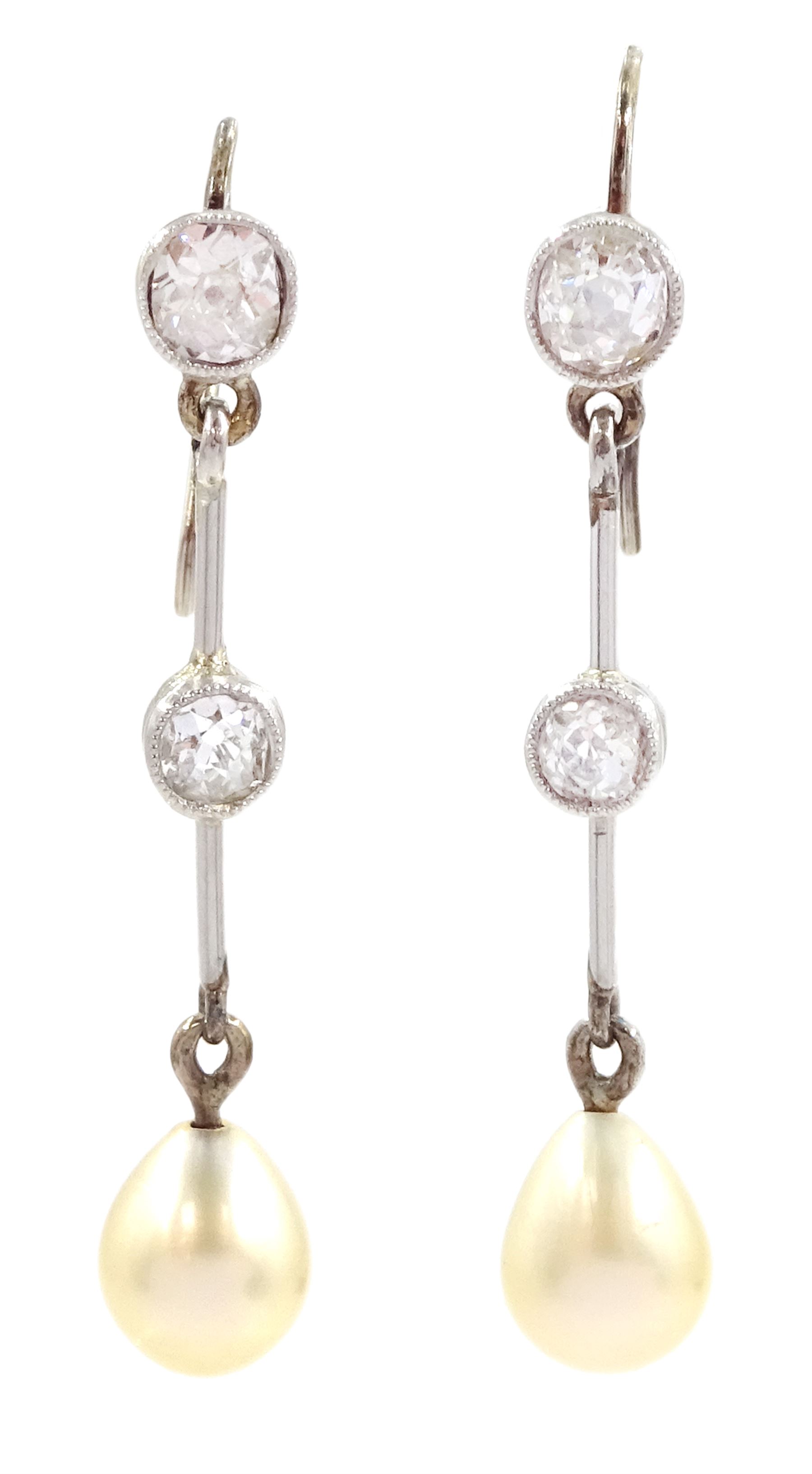Pair of gold and platinum early 20th century old cut diamond and pearl pendant earrings