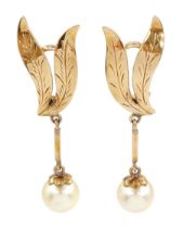 Pair of gold cultured pearl pendant clip on earrings