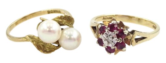 Gold ruby and diamond cluster ring and a gold two stone cultured pearl crossover ring with leaf shou