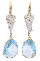 Pair of 18ct gold and silver blue topaz and diamond pendant earrings