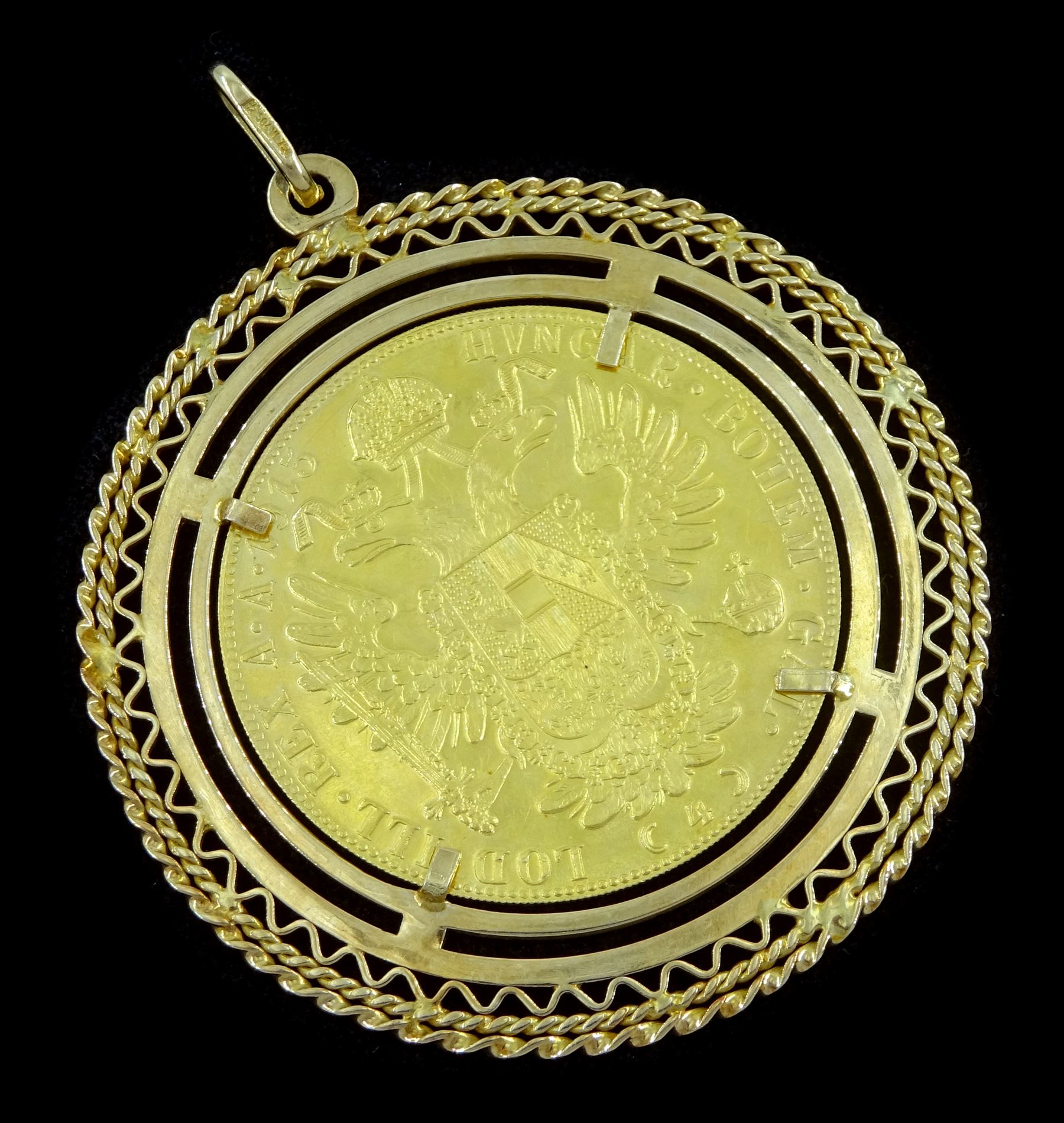 Austria 1914 restrike four ducat gold coin loose mounted in an 18ct gold fancy frame as a pendant - Image 2 of 2