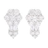 Pair of 18ct white gold round and tapered baguette cut and round brilliant cut diamond cluster earri