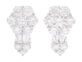 Pair of 18ct white gold round and tapered baguette cut and round brilliant cut diamond cluster earri