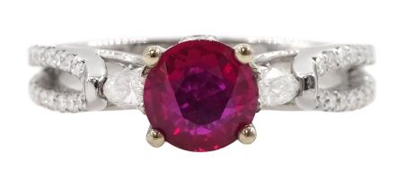 18ct white gold three stone round cut ruby and pear cut diamond ring