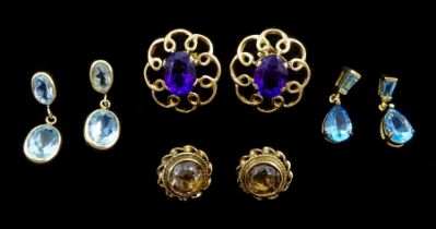 Four pairs of 9ct gold stud earrings including amethyst
