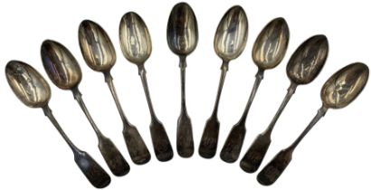Set of nine Victorian silver fiddle pattern teaspoons engraved with initials Exeter 1856 Maker John