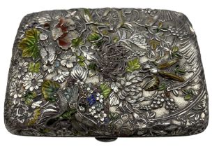 Japanese silver cigarette case decorated with a raised pattern of insects