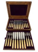 Set of twelve Edwardian silver bladed fish knives and forks with ivorine handles in oak case Sheffie
