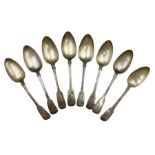 Pair of George IV silver fiddle pattern table spoons engraved with initial 'B' London 1827 Maker Ben