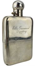 Late Victorian silver hip flask with bayonet top and gilt lined cup engraved 'Ellis Greenwood