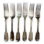 Three Victorian silver fiddle pattern table forks Exeter 1842 and three others of similar date