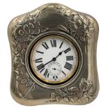 Swiss open face pocket watch with nickel case in an Edwardian silver mounted bedside case embossed w