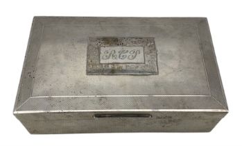 Large engine turned silver cigarette box engraved with initials 22cm x 13cm Birmingham 1973 Maker C