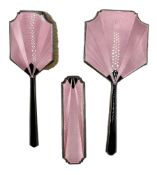 Art Deco pink and black guilloche enamel dressing table set