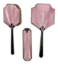 Art Deco pink and black guilloche enamel dressing table set