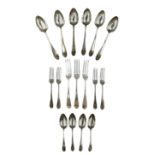 Set of six Edwardian silver bright cut Celtic point pattern table spoons