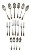 Set of six Edwardian silver bright cut Celtic point pattern table spoons