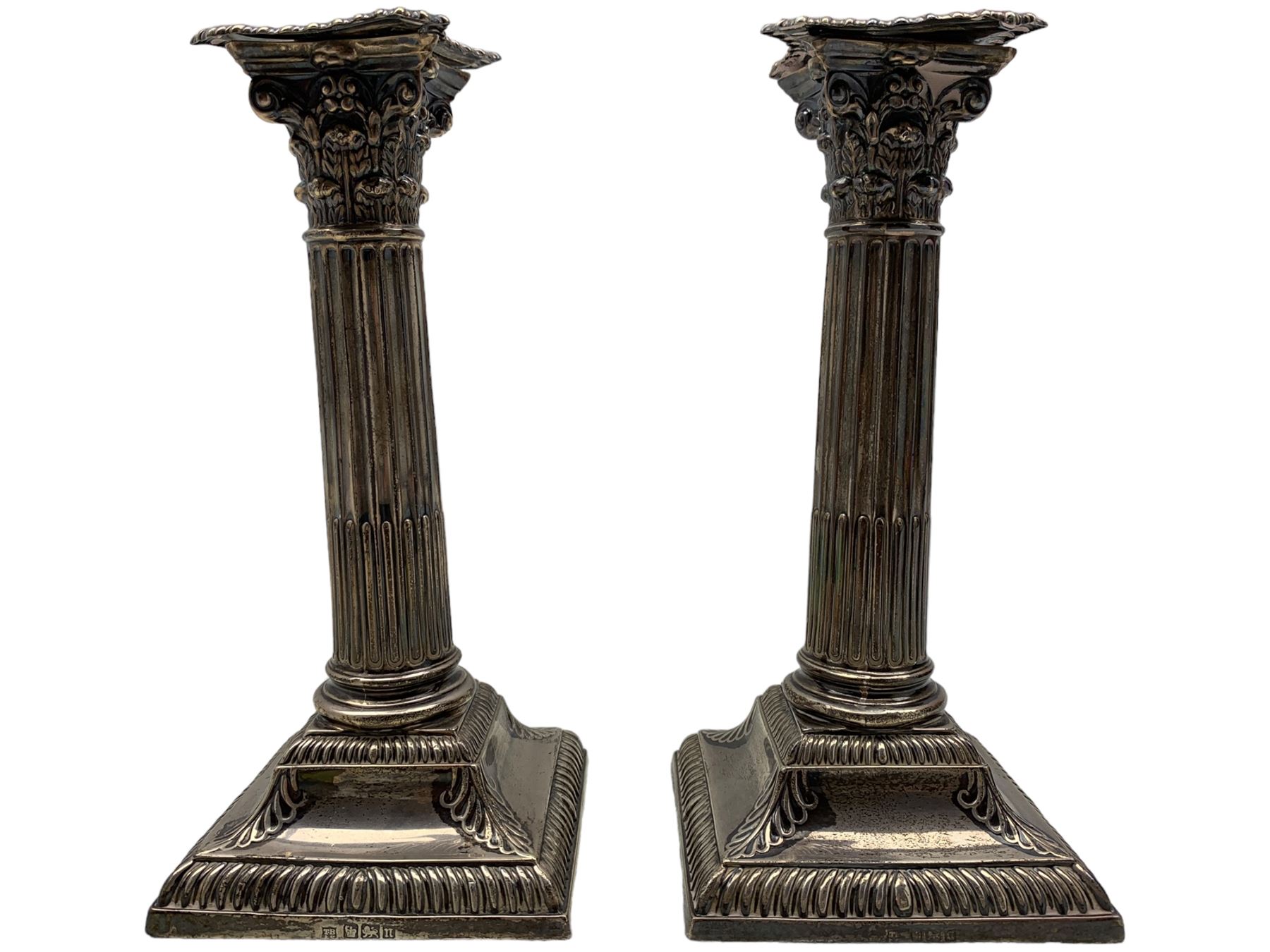 Pair of Edwardian silver Corinthian column candlesticks