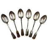 Set of six Victorian silver fiddle pattern dessert spoons engraved with initial 'T' Exeter 1858 Make