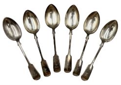 Set of six Victorian silver fiddle pattern dessert spoons engraved with initial 'T' Exeter 1858 Make