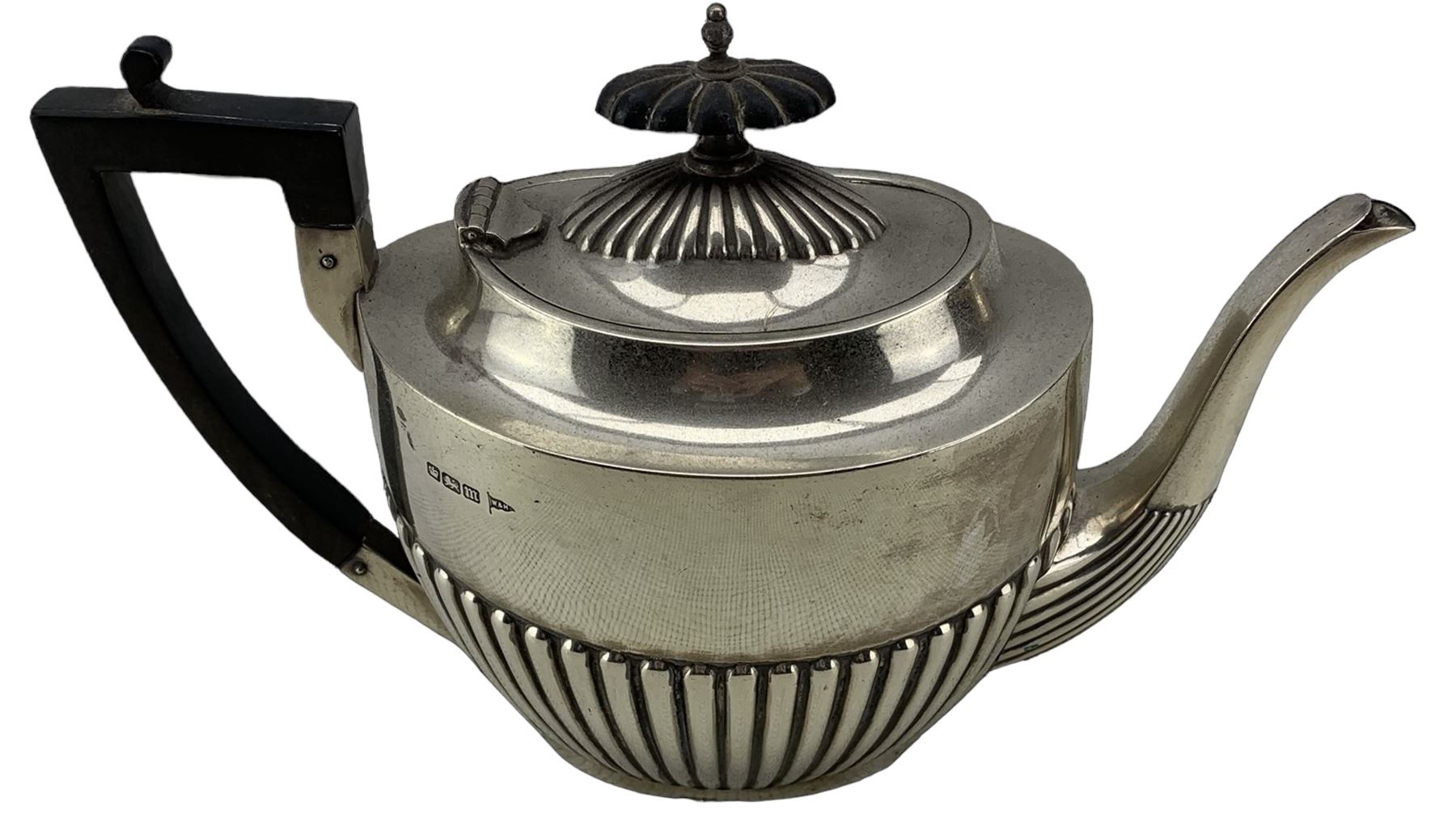 Edwardian silver oval teapot with half body reeded decoration - Image 2 of 4