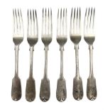 Set of six Victorian silver fiddle pattern dessert forks engraved with initials London 1885 Maker Go