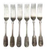 Set of six Victorian silver fiddle pattern dessert forks engraved with initials London 1885 Maker Go