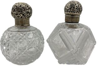 Late Victorian glass scent flask of facetted design and etched with flowers