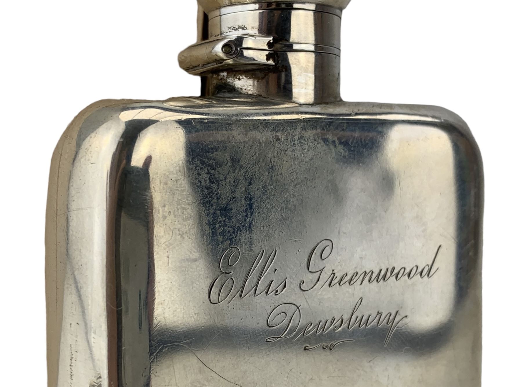 Late Victorian silver hip flask with bayonet top and gilt lined cup engraved 'Ellis Greenwood - Image 2 of 5
