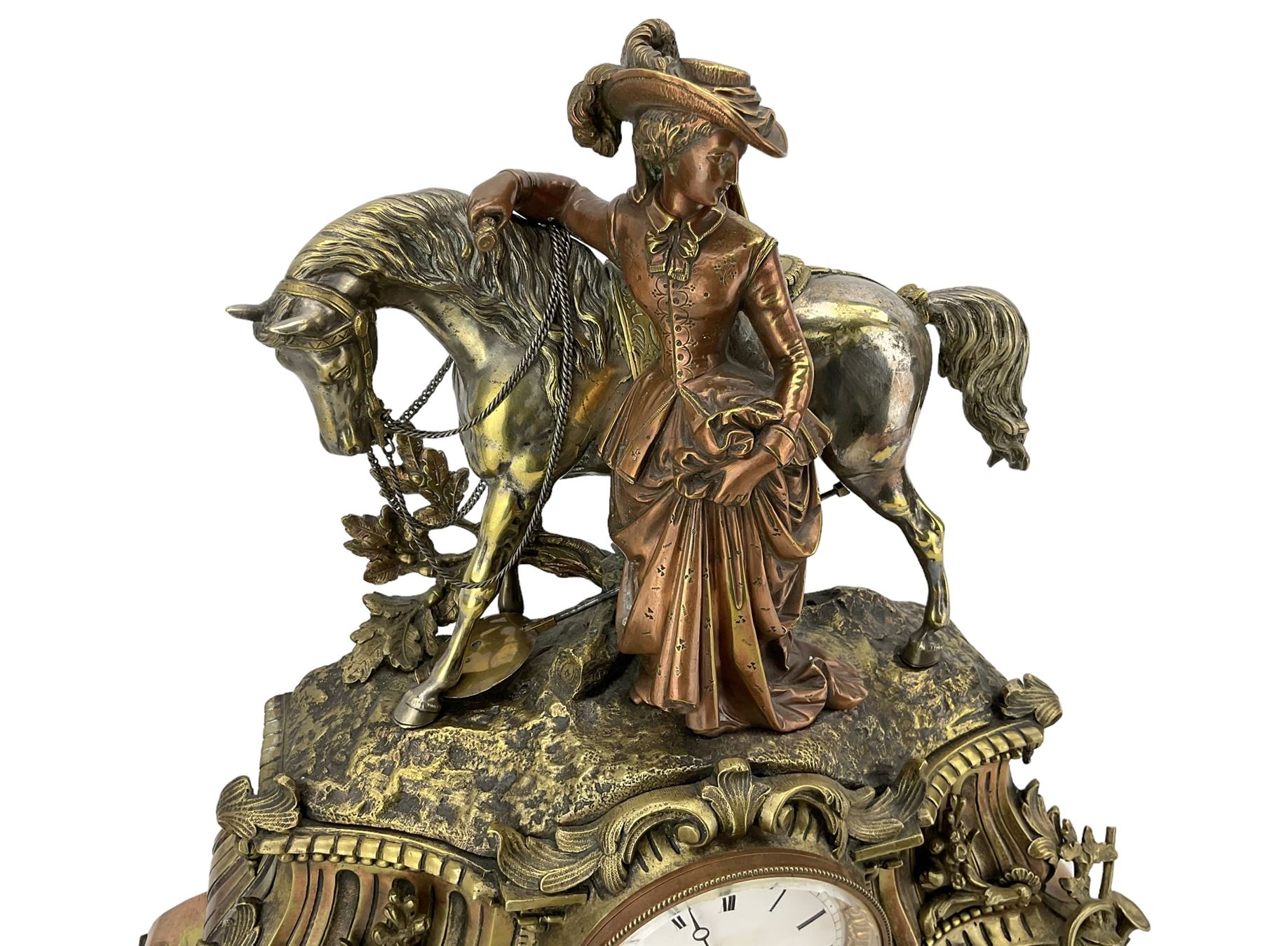 French - 19th century brass cased 8-day mantle clock surmounted with a figure of a lady in 18th cent - Image 3 of 4
