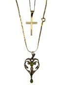 9ct gold cross pendant on chain and a peridot and seed pearl pendant