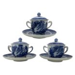 Set of three 18th/ early 19th century blue transfer printed chocolate cups and saucers with trembleu