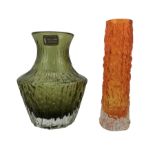 Two pieces of Whitefriars glass comprising tangerine orange bark finger vase