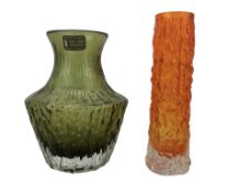 Two pieces of Whitefriars glass comprising tangerine orange bark finger vase