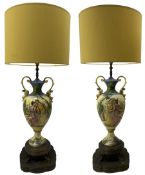 Pair Italian urn form lamps depicting Iliadic scene of Helen of Troy with Paris