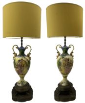 Pair Italian urn form lamps depicting Iliadic scene of Helen of Troy with Paris