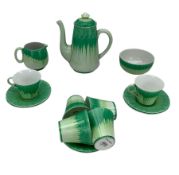 Set of six Art Deco Shelley Harmony Green Dripware teacups and saucers in the Regent shape