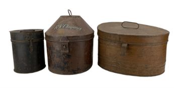 Three 19th century toleware hat and helmet boxes