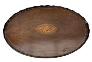 Edwardian mahogany oval tray with shell inlaid decoration W71cm